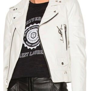 YSL White Logo Women's Moto Leather Jacket with Stud Details size IT 42💗